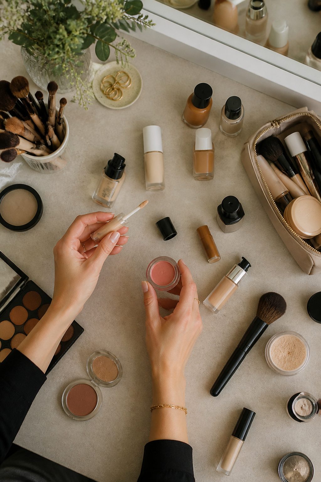 Recommended products for achieving light makeup in a wedding setting.