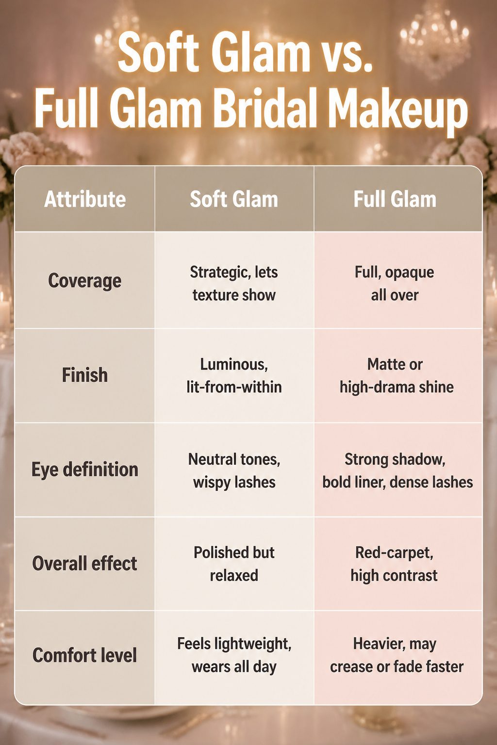 A visual comparison of soft glam versus full glam bridal makeup.