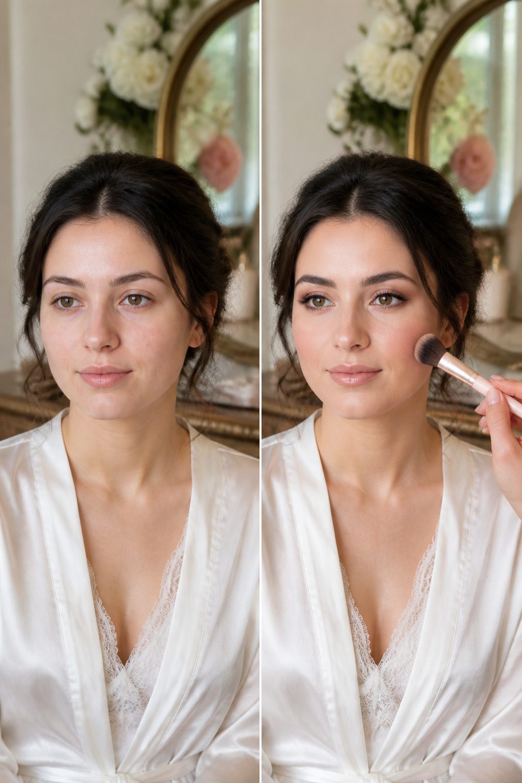 A bride with soft glam makeup featuring smooth skin and neutral tones.