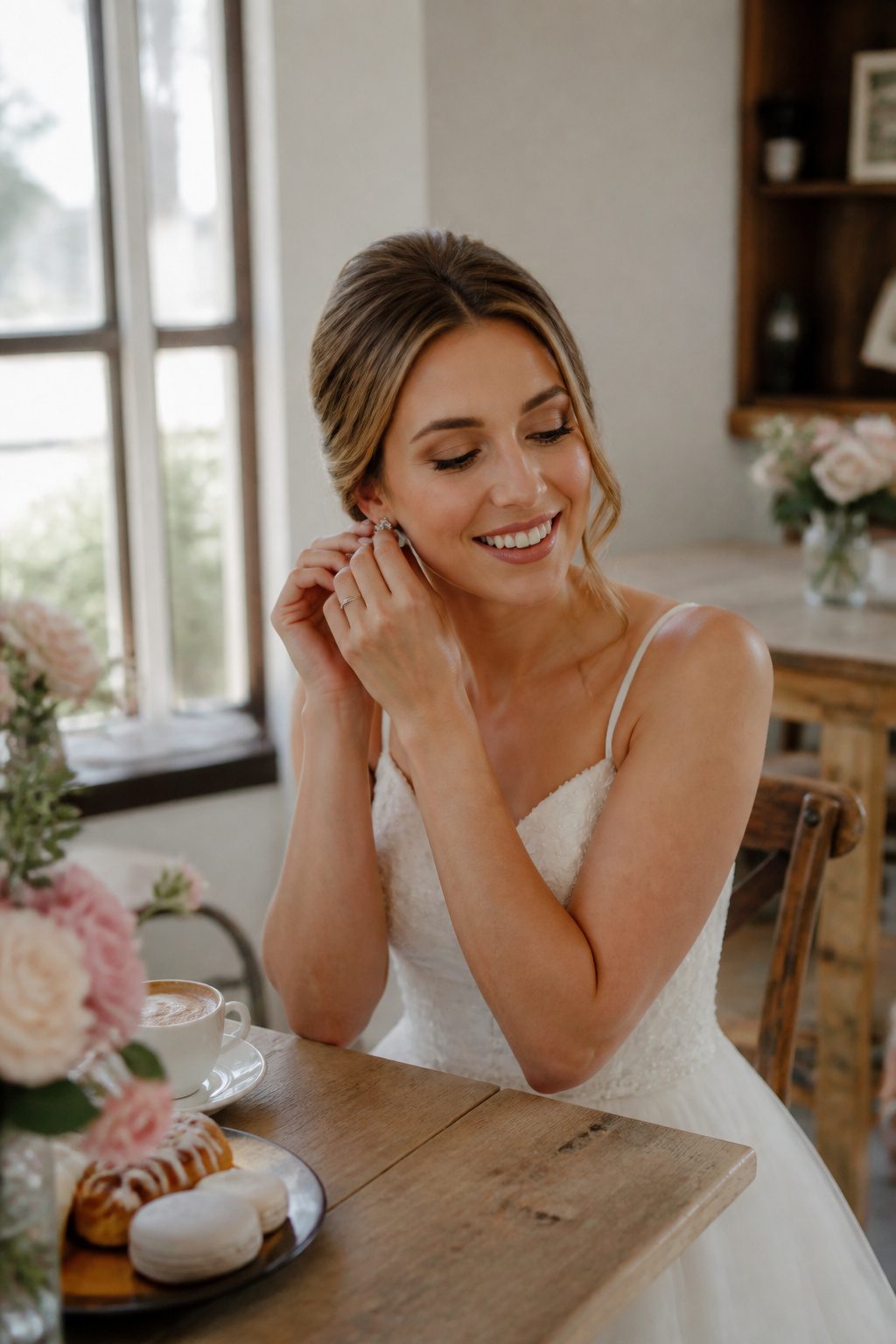Bride with glowing skin and soft eye makeup in a chic café.