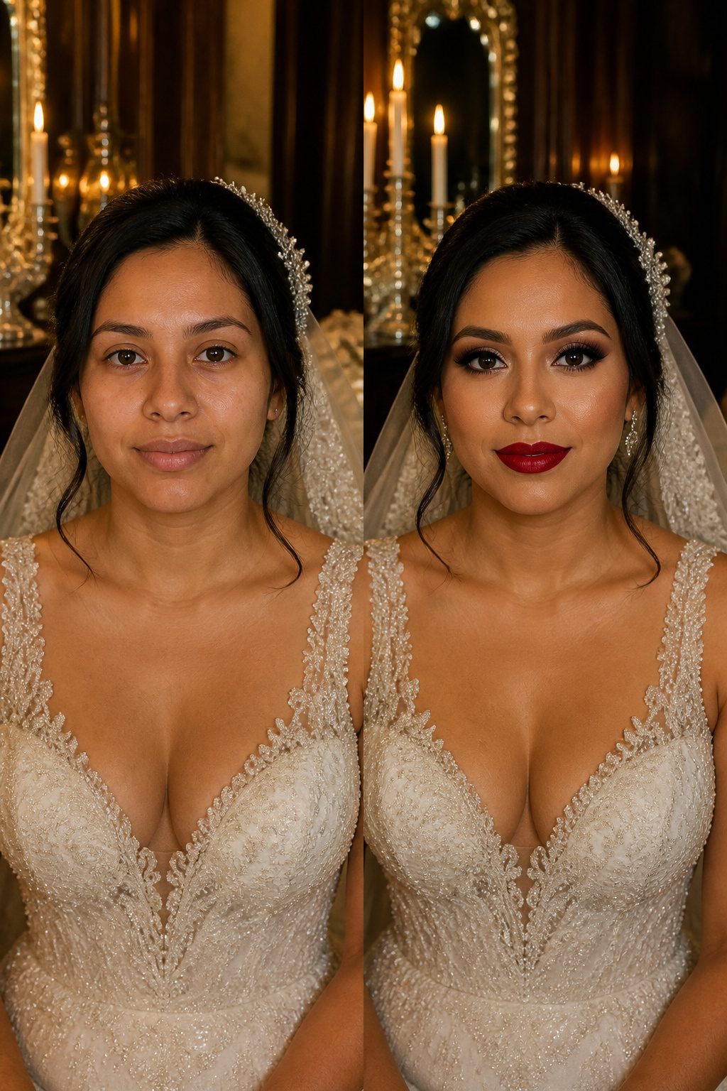 Model showcasing full glam makeup with bold colors and defined features.