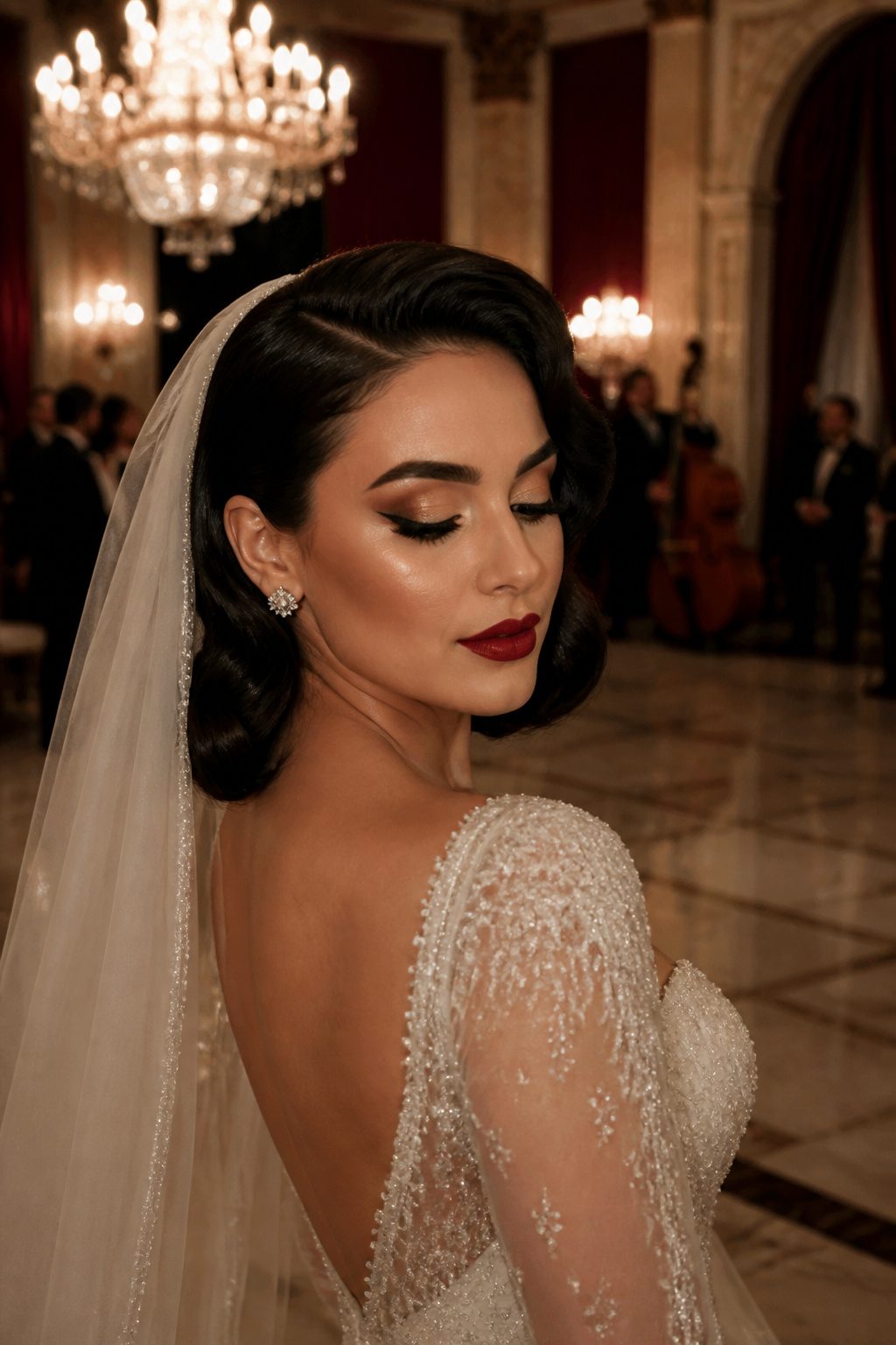 Model with red lips and defined brows inspired by Old Hollywood glam.