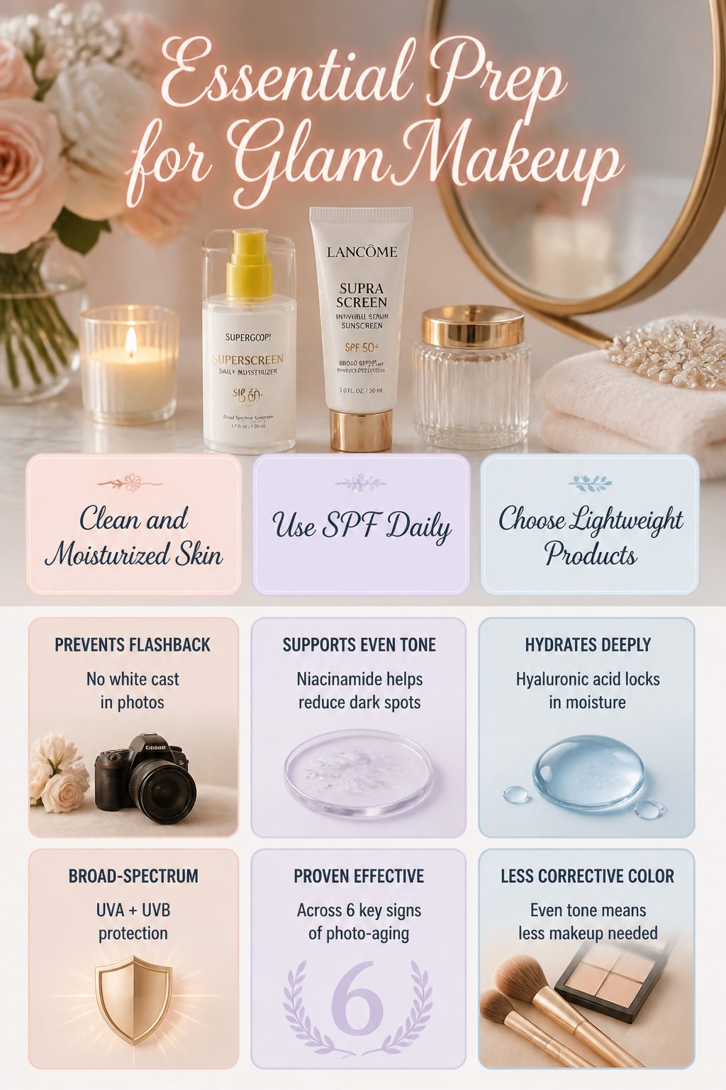 Skincare products laid out for essential prep before glam makeup.