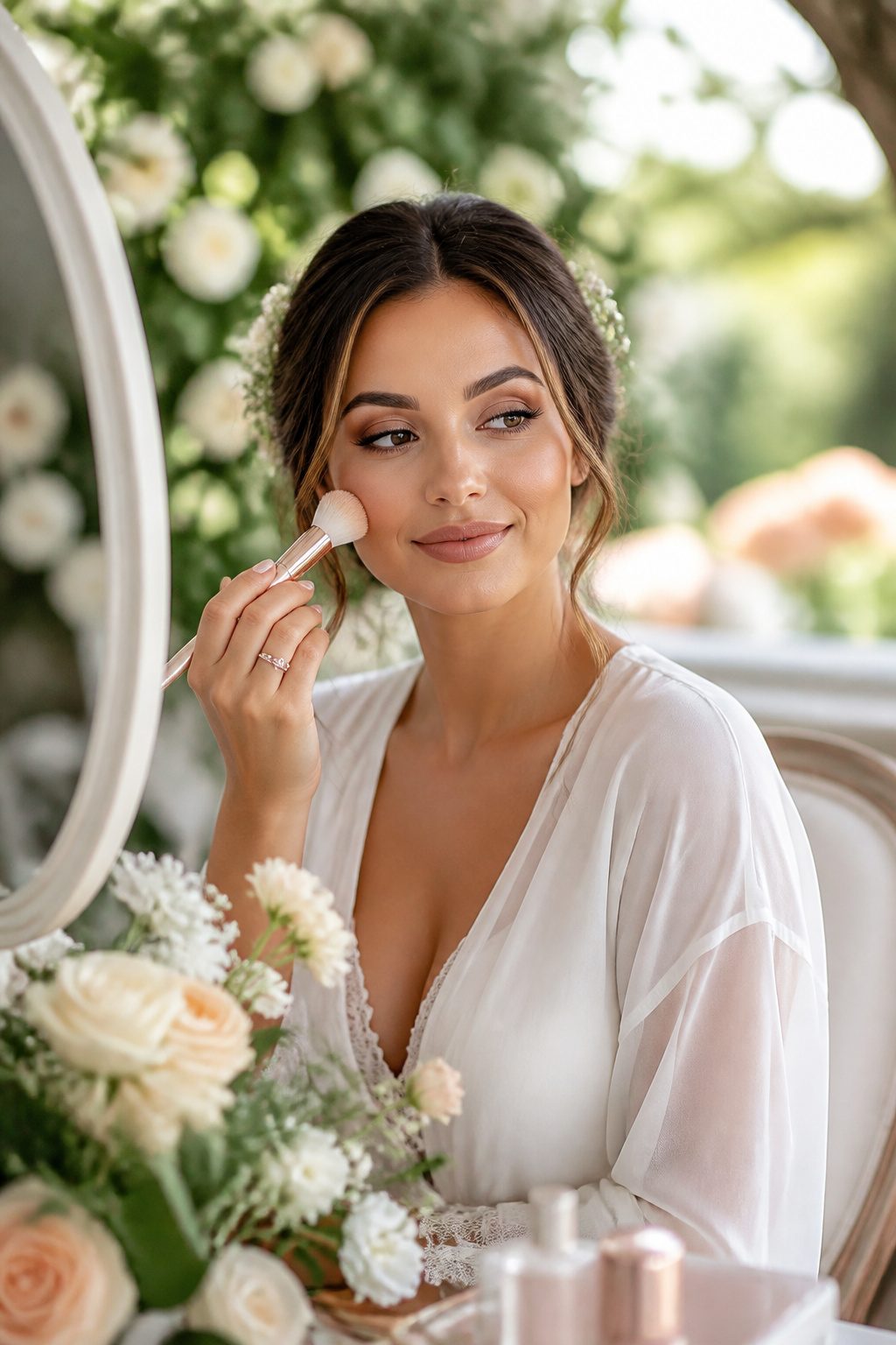 Bride with warm neutral eyeshadow and natural bronzer in a garden.