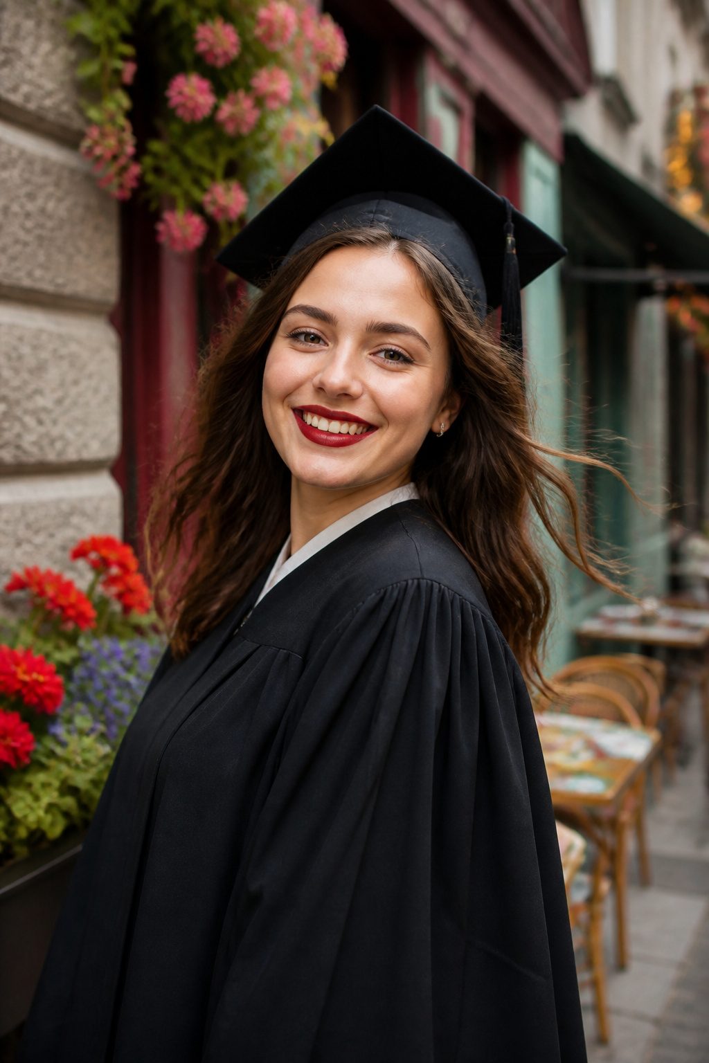 13 Graduation Makeup Ideas for 2026 That Photograph Beautifully 3 A graduate wearing a bold red lip with minimal makeup.
