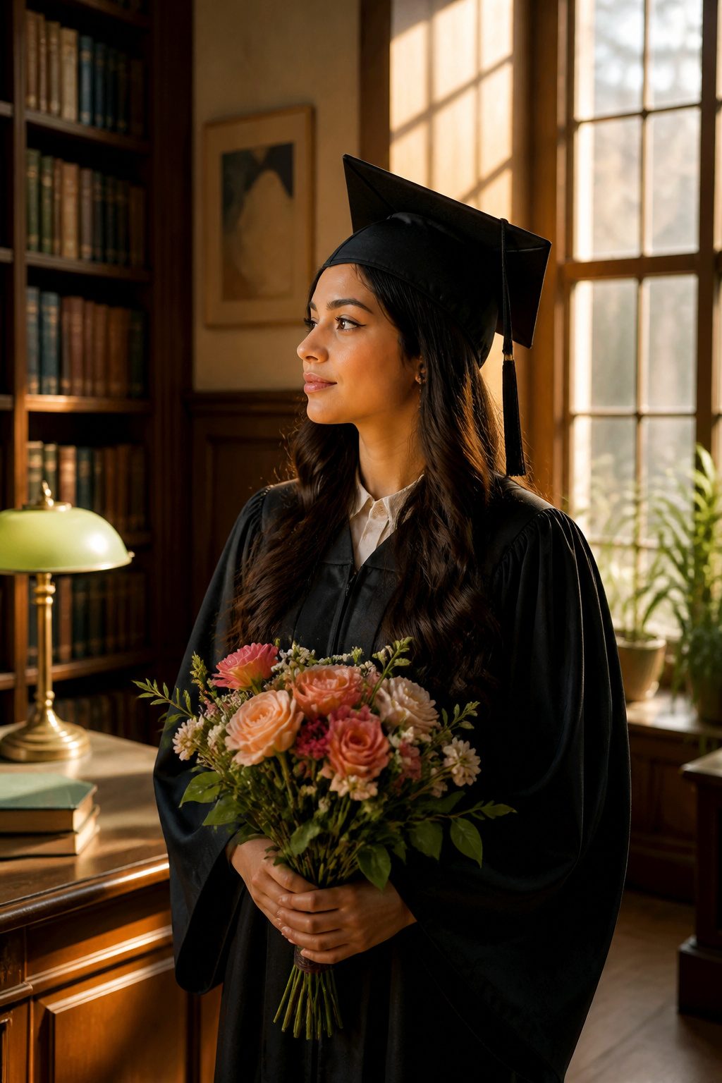 13 Graduation Makeup Ideas for 2026 That Photograph Beautifully 12 A graduate with classic winged eyeliner in a historic library.