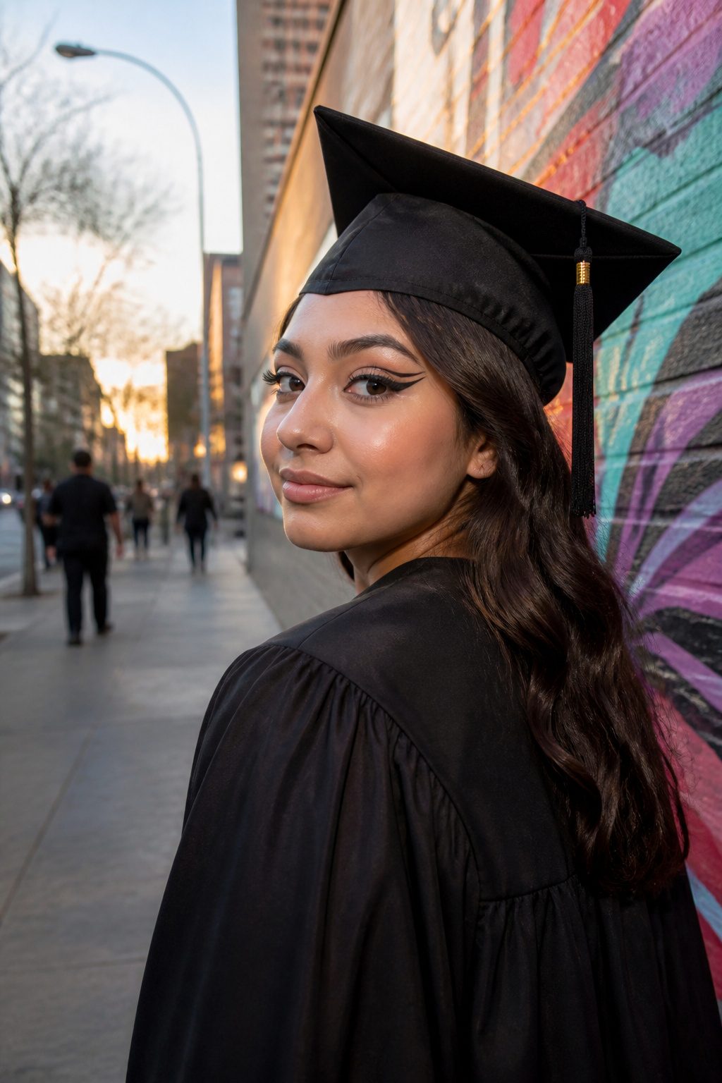 13 Graduation Makeup Ideas for 2026 That Photograph Beautifully 6 A graduate with bold graphic eyeliner in front of a graffiti wall.
