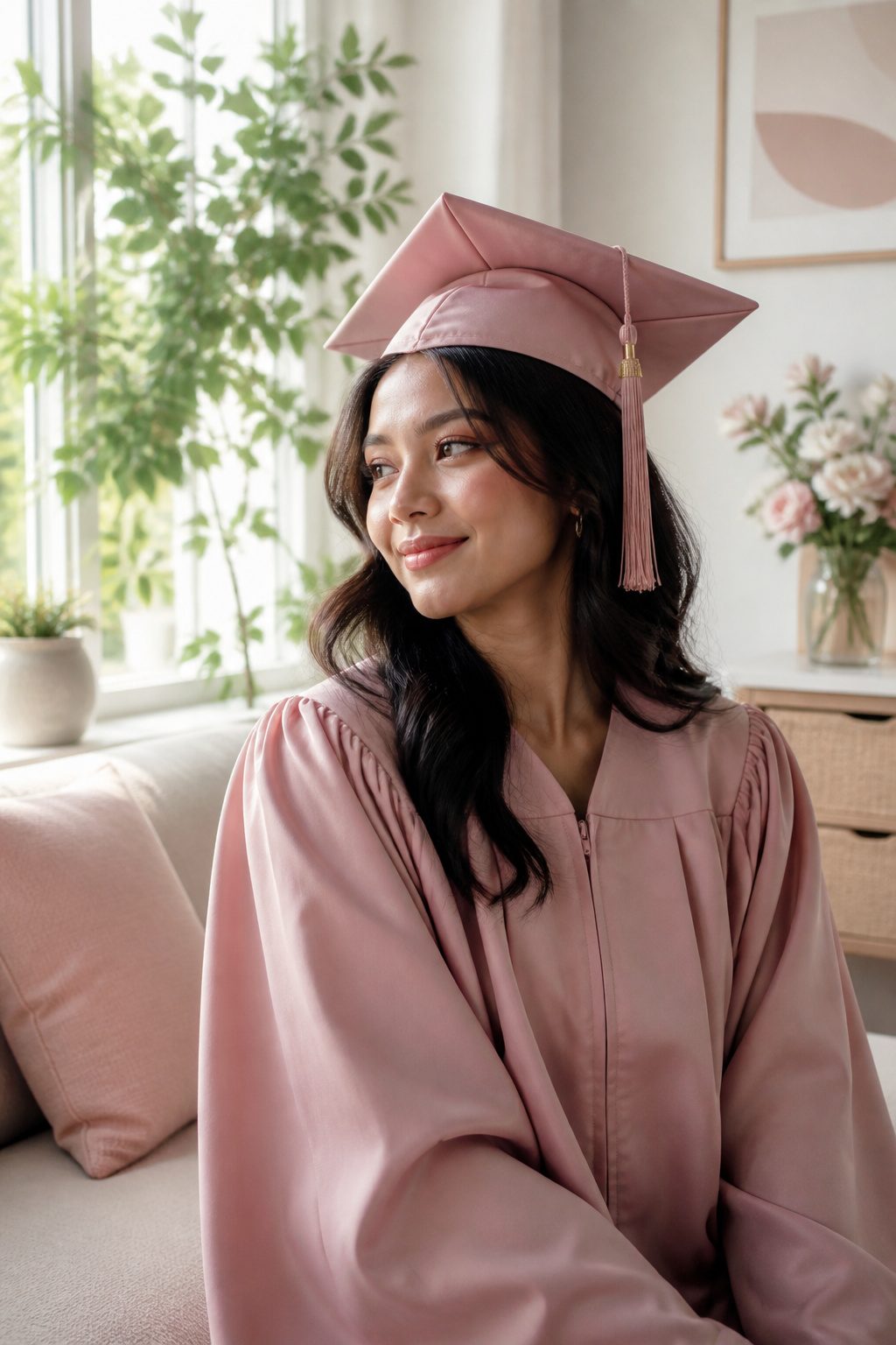 13 Graduation Makeup Ideas for 2026 That Photograph Beautifully 7 A graduate showcasing a monochromatic makeup look in soft pastels.