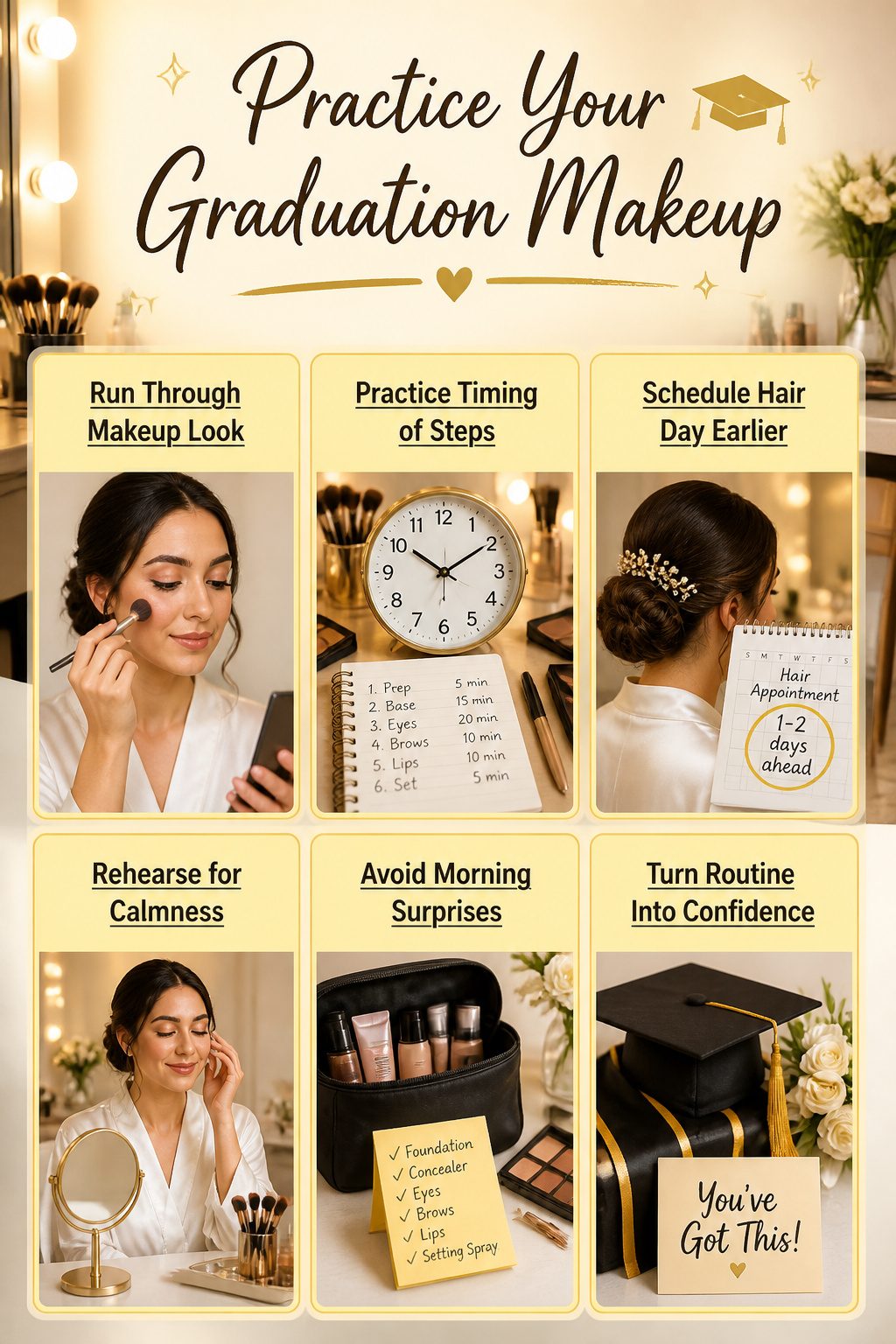 13 Graduation Makeup Ideas for 2026 That Photograph Beautifully 17 An informative image emphasizing practicing graduation makeup.