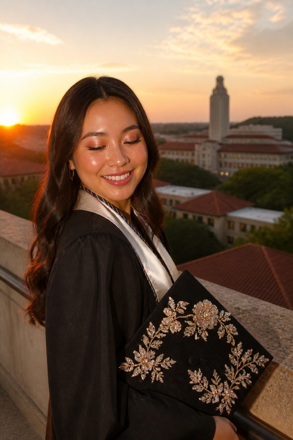 13 Graduation Makeup Ideas for 2026 That Photograph Beautifully 9 A graduate with rose gold eyeshadow against a sunset backdrop.