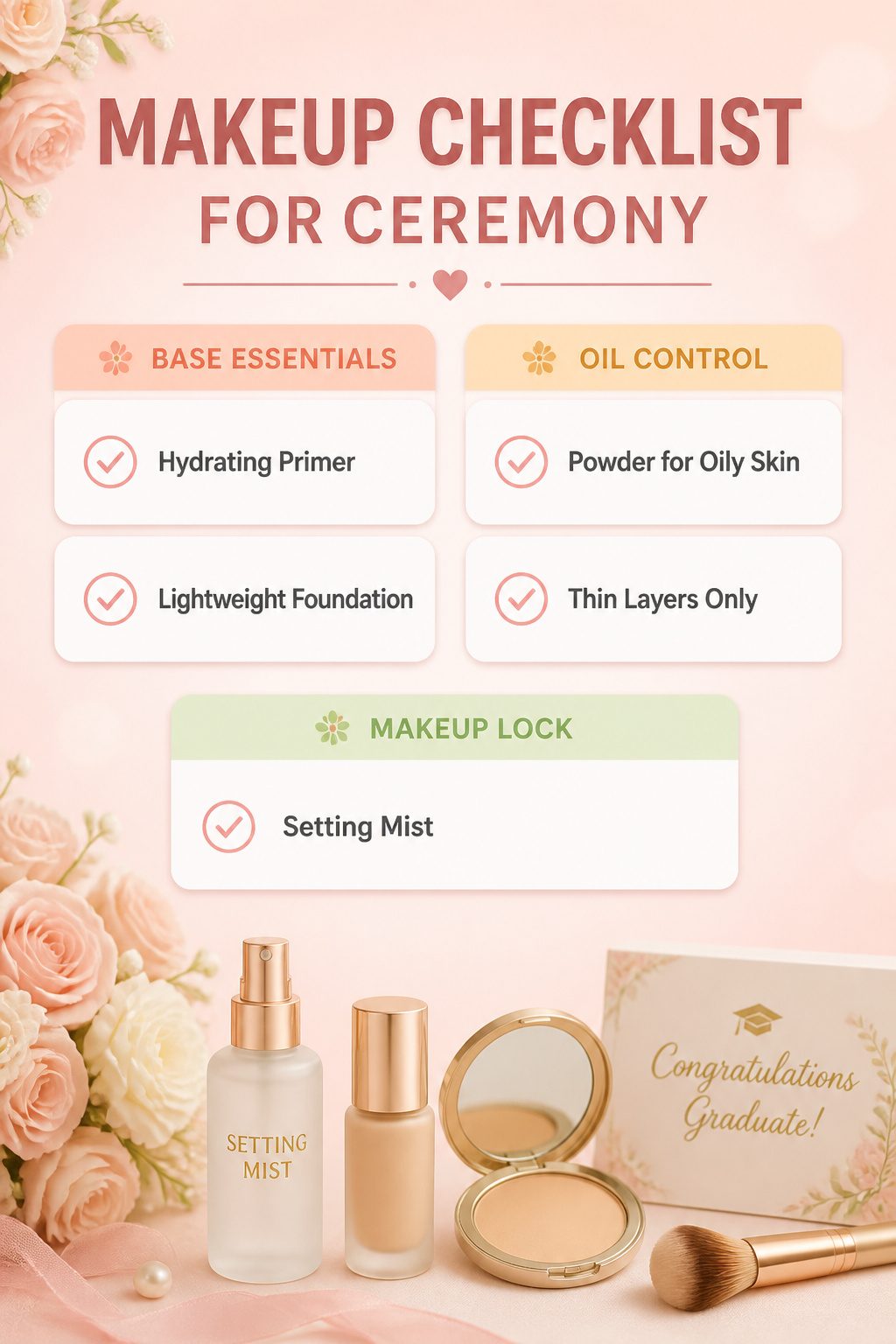 13 Graduation Makeup Ideas for 2026 That Photograph Beautifully 15 A checklist image for setting makeup on graduation day.