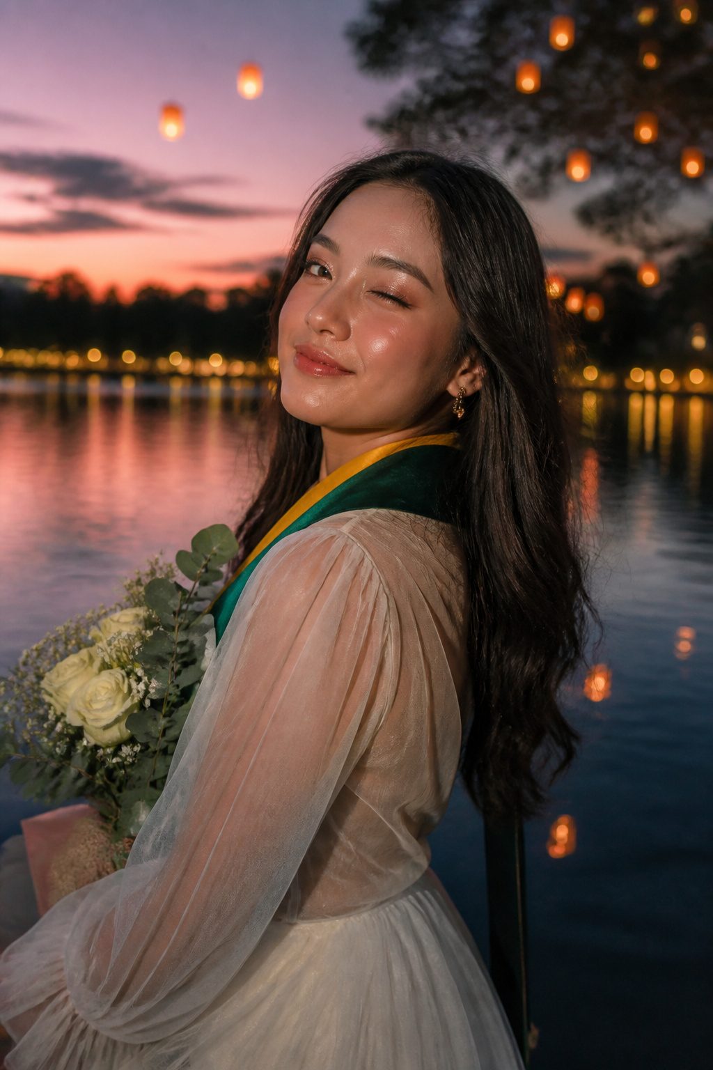 13 Graduation Makeup Ideas for 2026 That Photograph Beautifully 13 A graduate with shimmery eyeshadow by a lakeside at twilight.