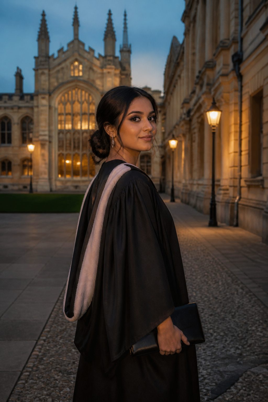 13 Graduation Makeup Ideas for 2026 That Photograph Beautifully 4 A graduate with a dark smoky eye in front of university buildings.
