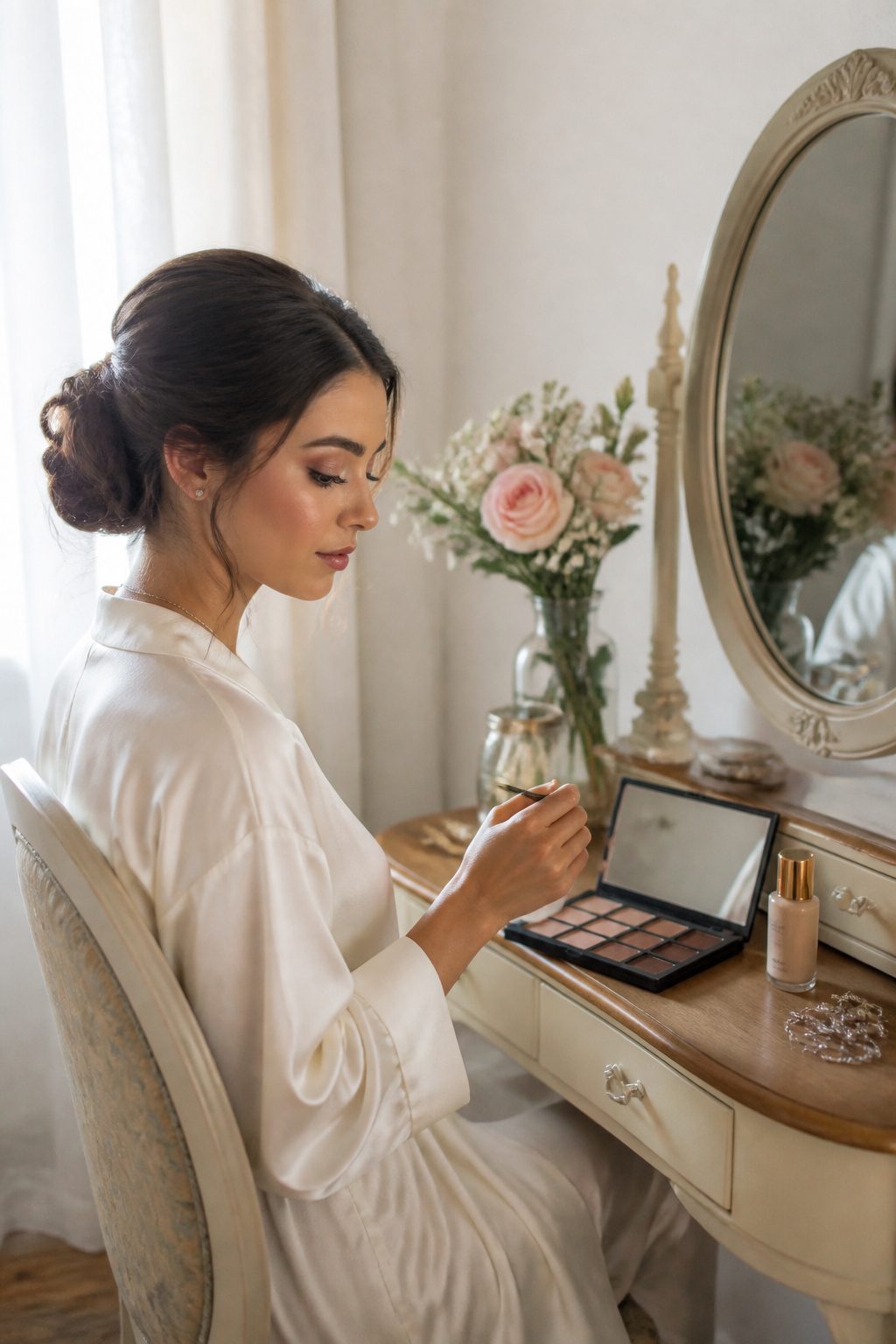 13 Graduation Makeup Ideas for 2026 That Photograph Beautifully 2 A young woman in soft glam makeup at a vintage vanity.