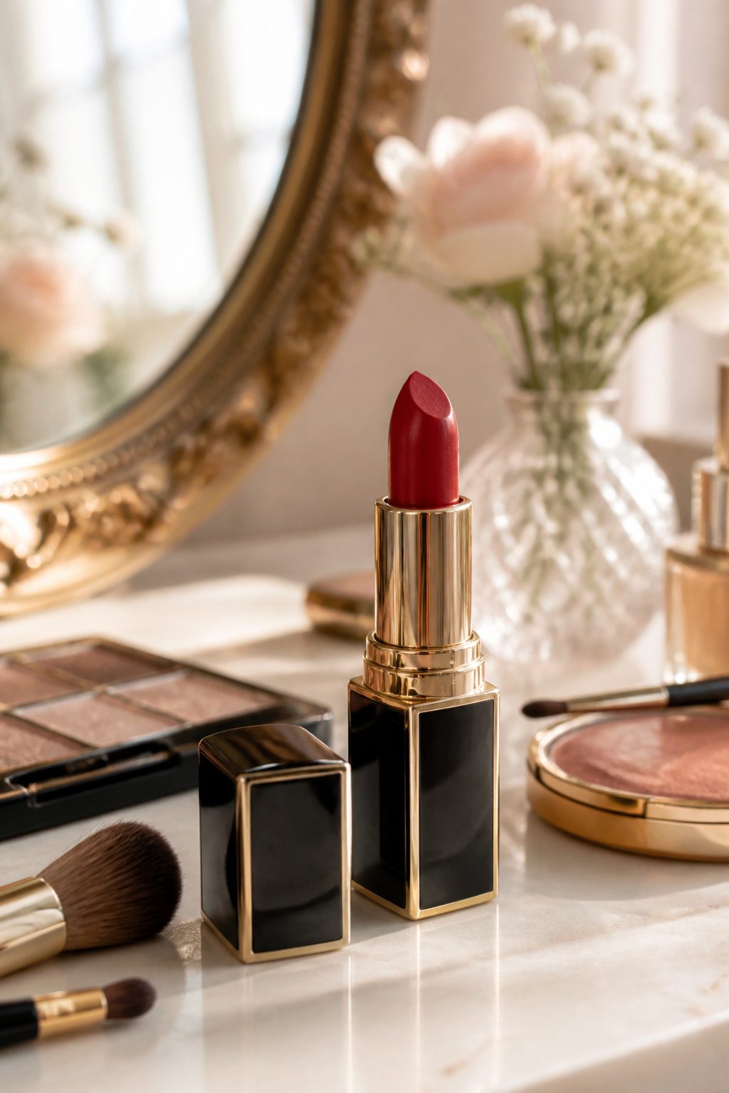 Young woman with bold red lips and minimal eye makeup.