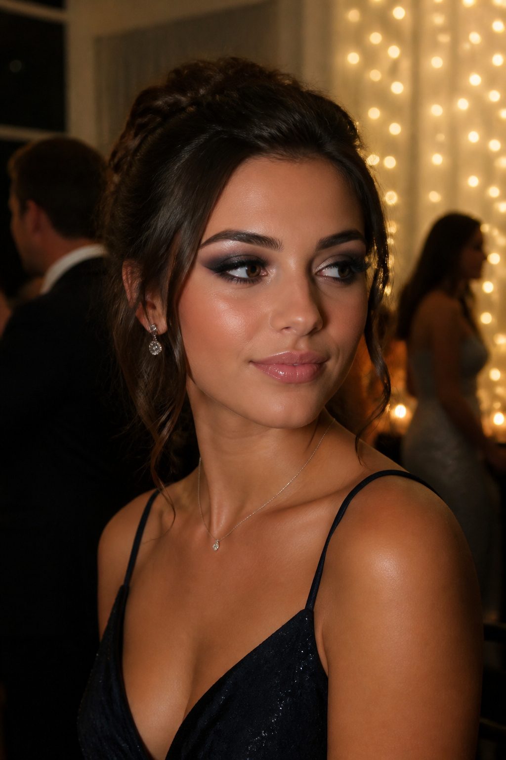 Young woman with a smoky eye makeup in front of glittering lights.