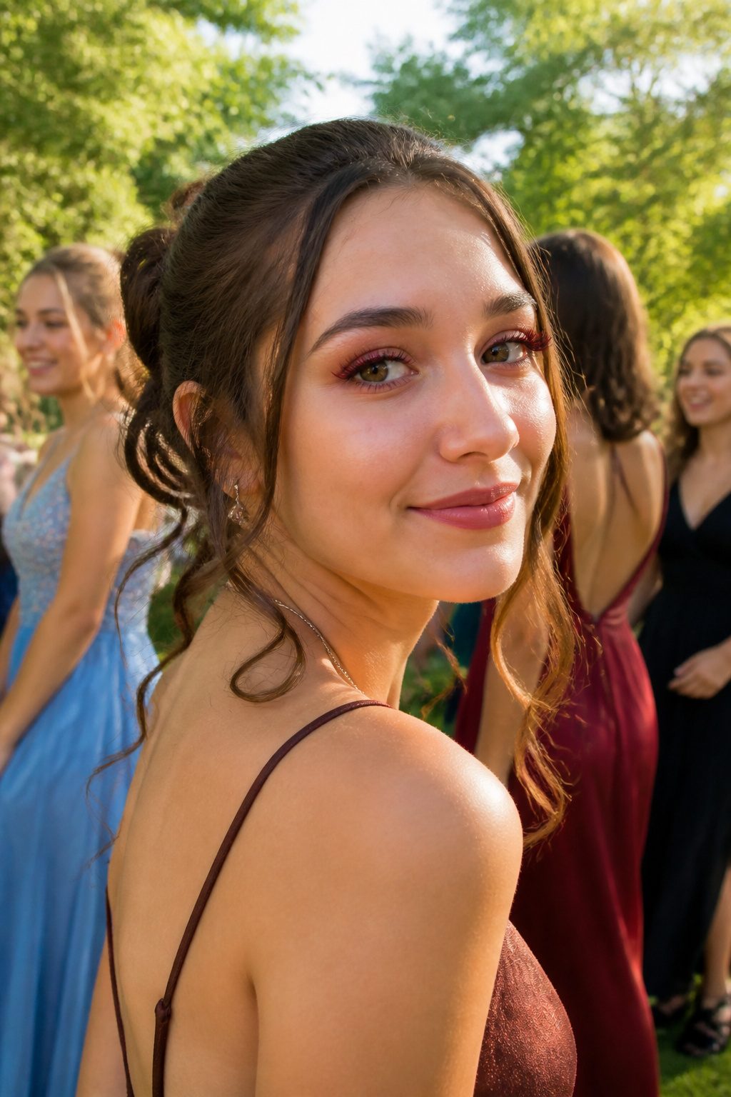 Young woman showcasing colorful mascara at an outdoor prom.