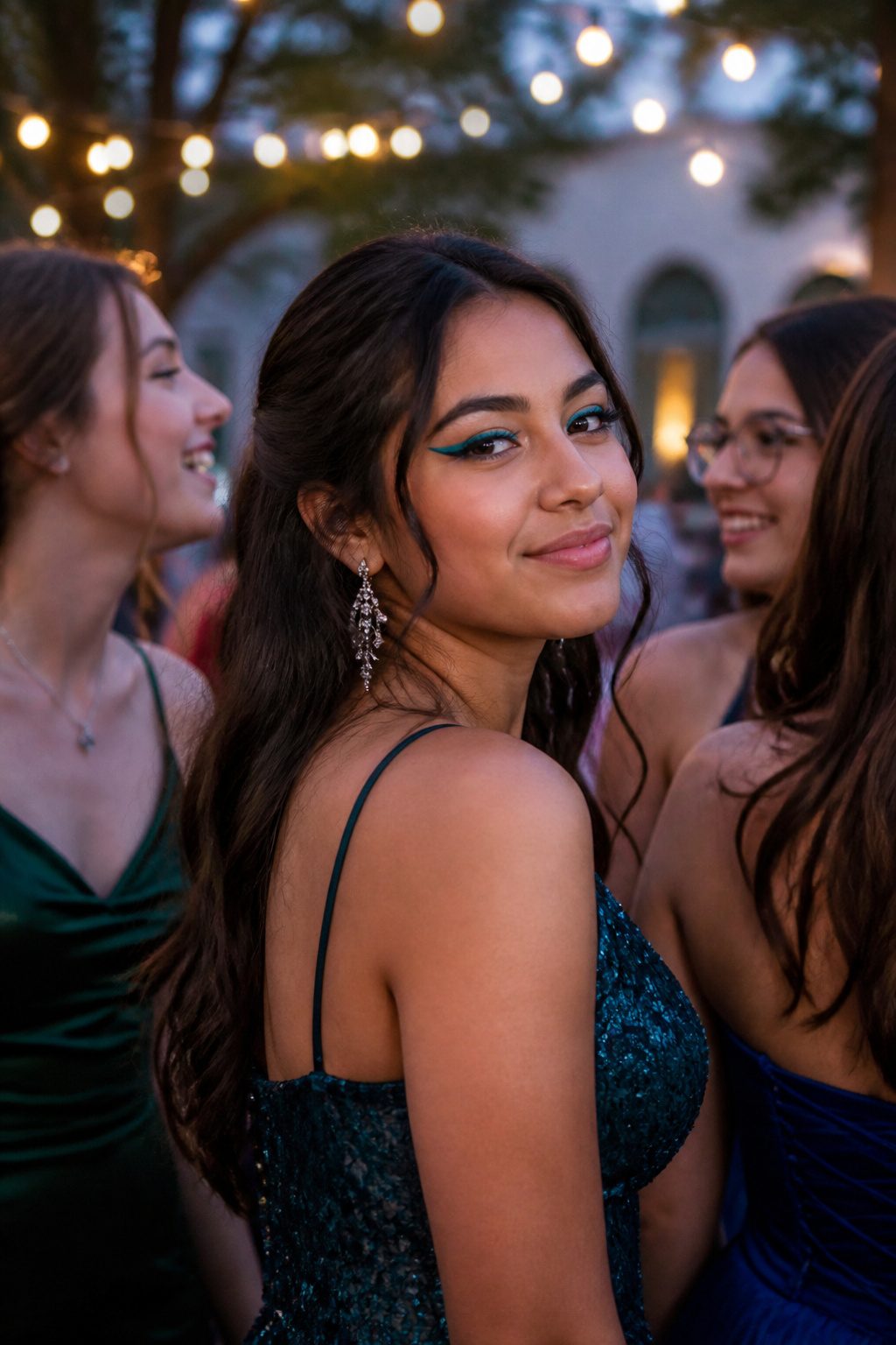 Young woman showcasing colorful winged eyeliner outdoors.
