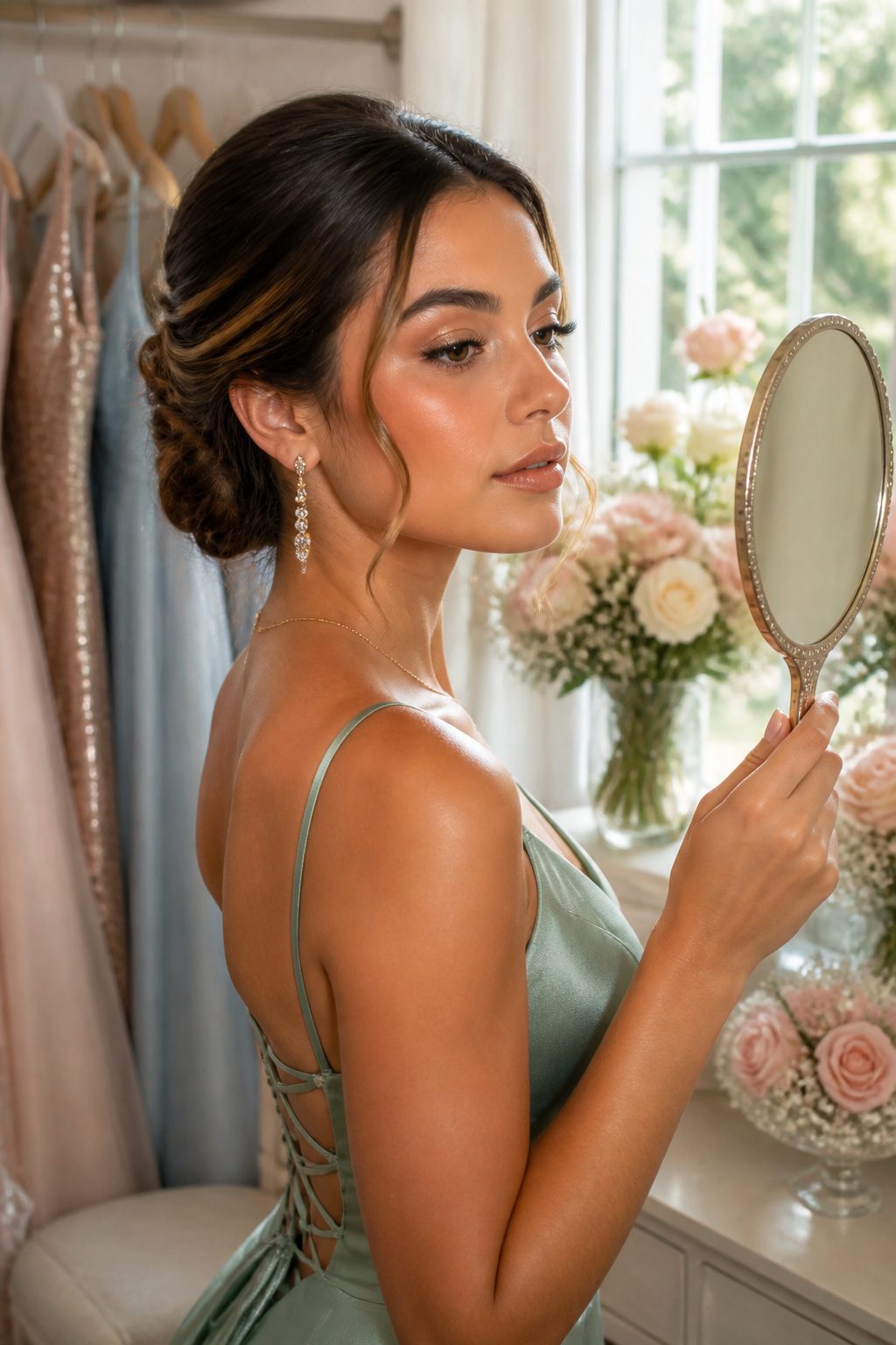 Young woman with dewy makeup at a prom venue.