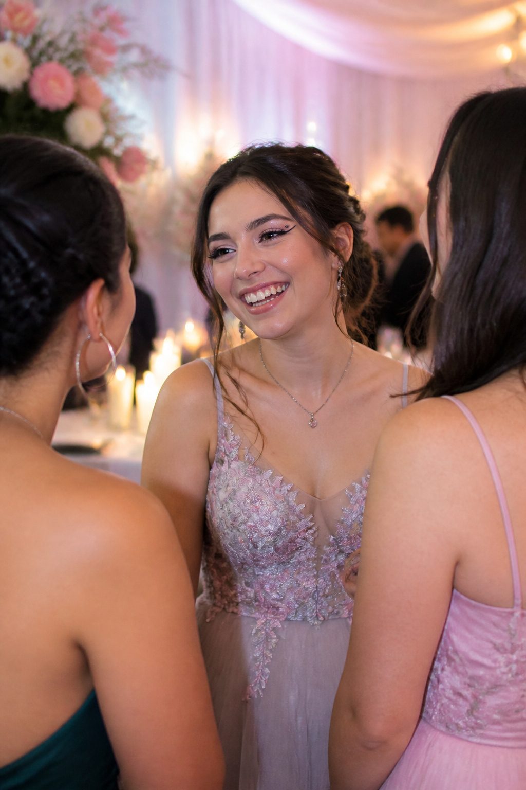 Young woman with floating eyeliner at an upscale prom venue.