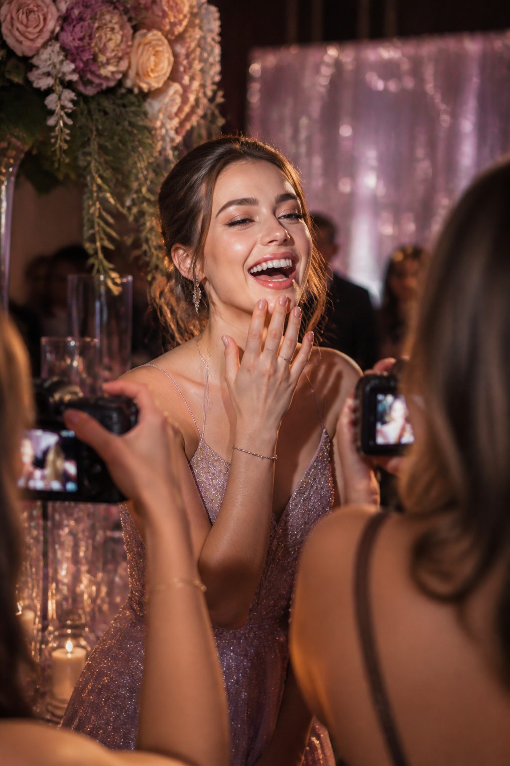 Young woman with glittery lips at a stylish prom venue.