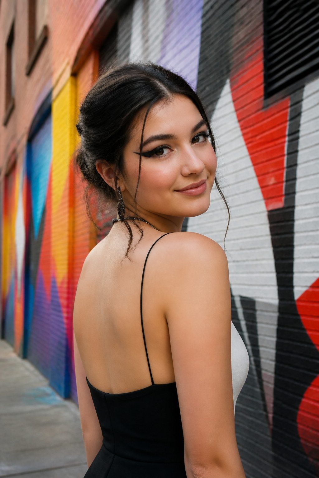 Young woman with graphic eyeliner in front of colorful street art.