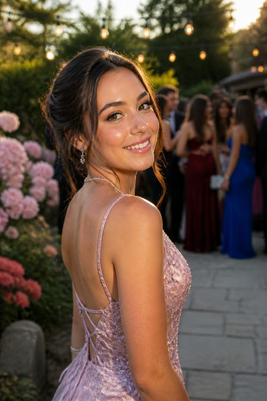 Young woman with natural makeup surrounded by blooming flowers.