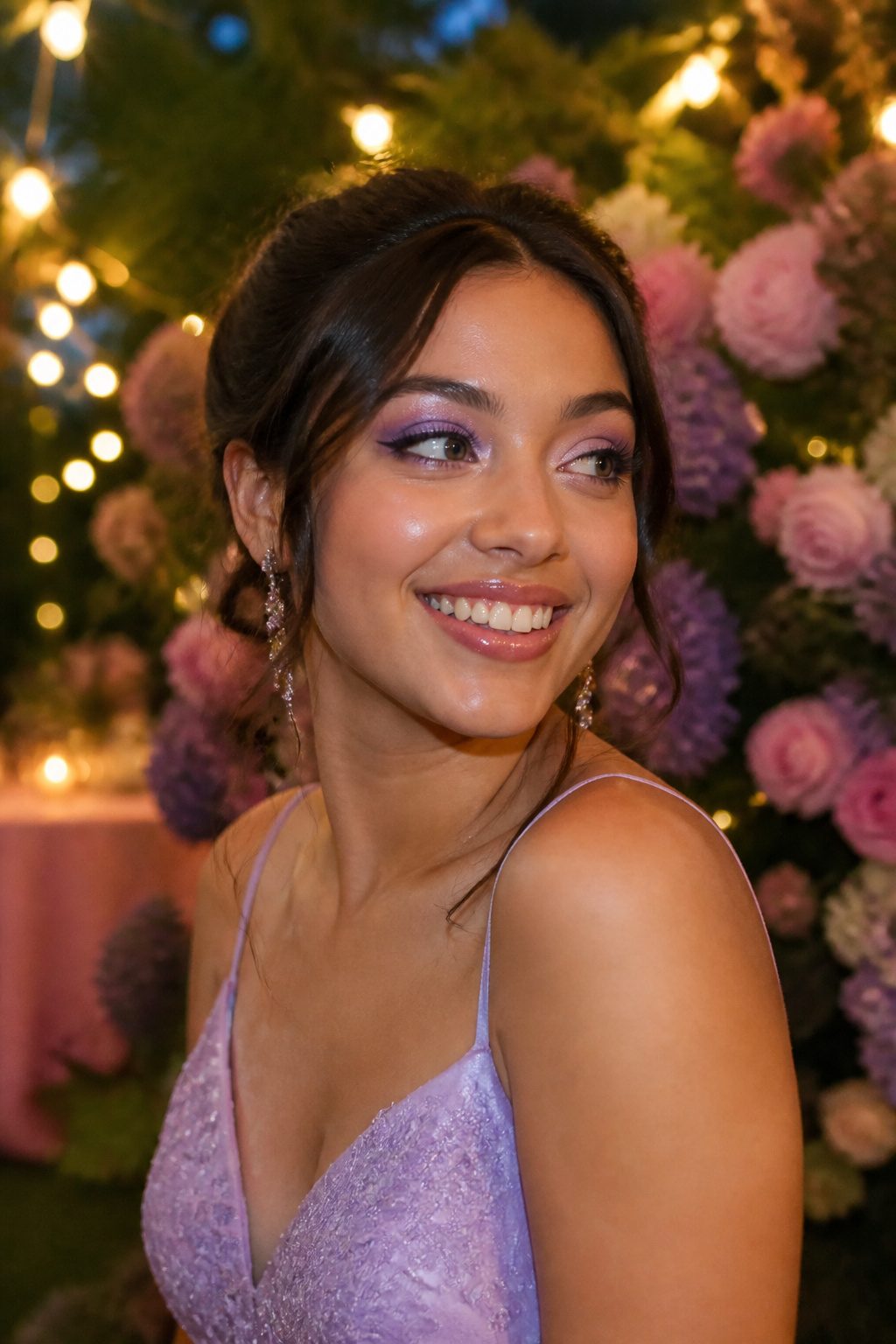 Young woman showcasing pastel eye makeup in a picturesque garden.