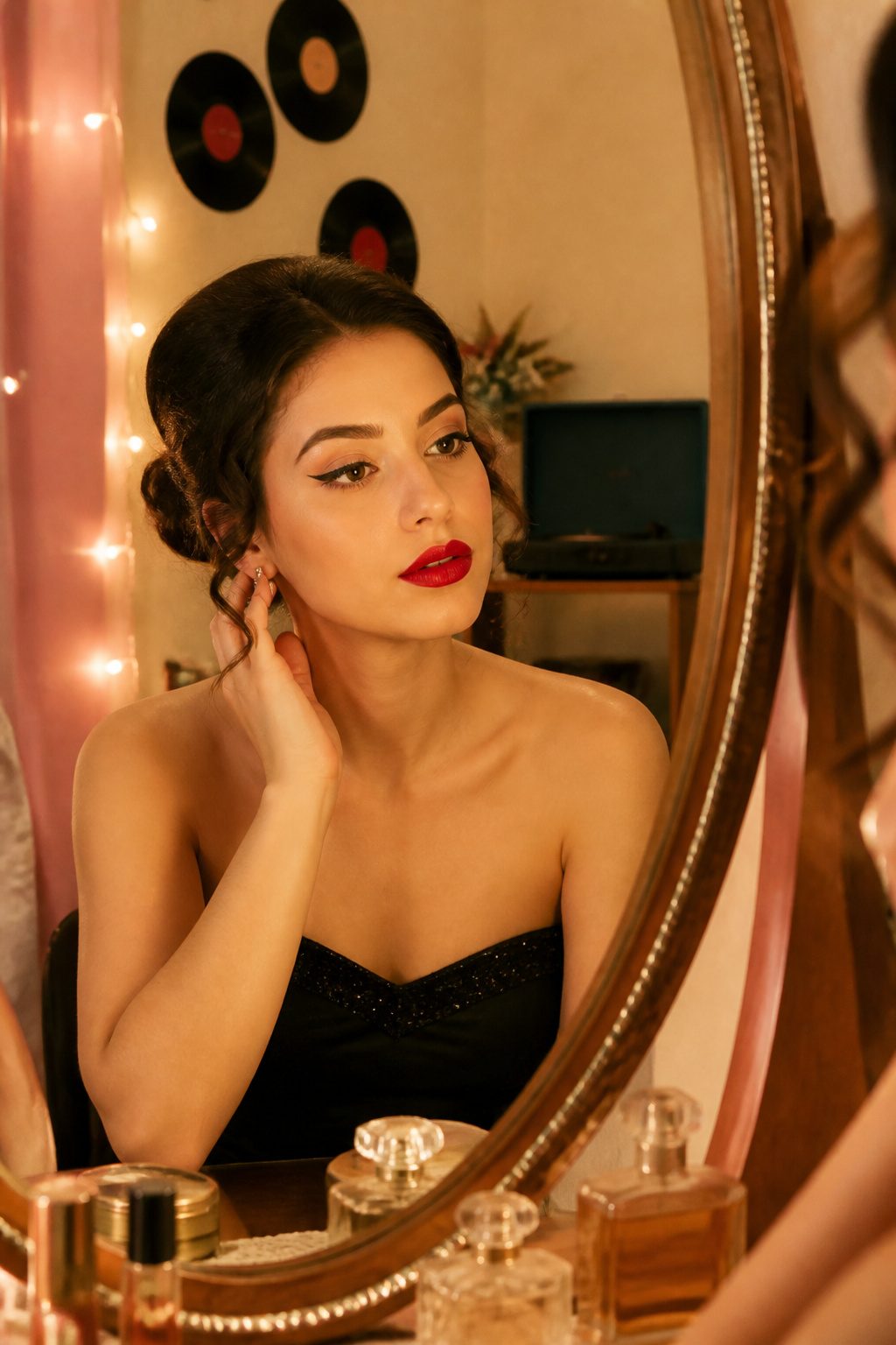 Young woman with 1950s-inspired makeup in a retro-themed room.