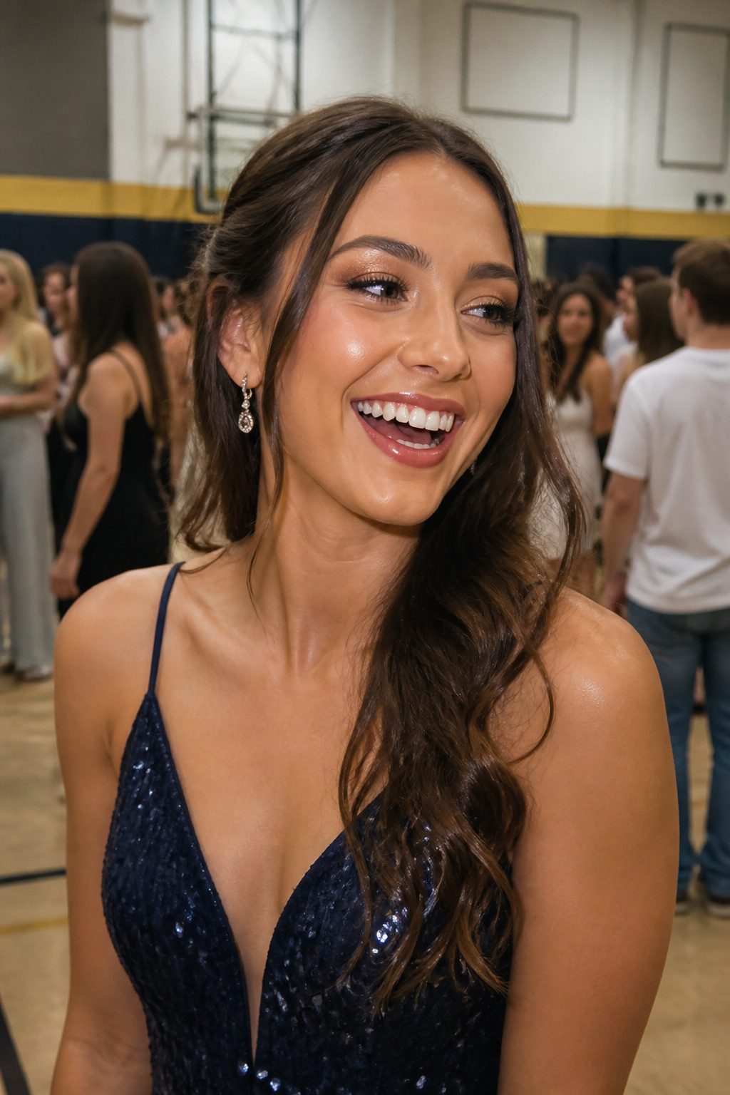 Young woman with soft glam makeup in a softly lit gymnasium.