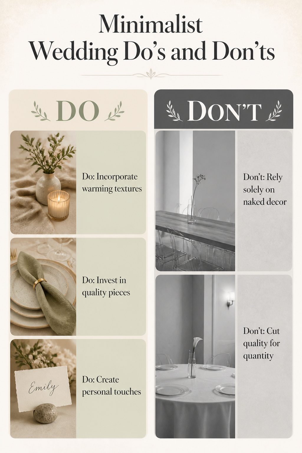 An illustration of minimalist wedding do's and don'ts.