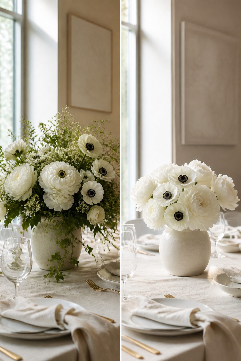 A simple floral arrangement featuring white ranunculus.