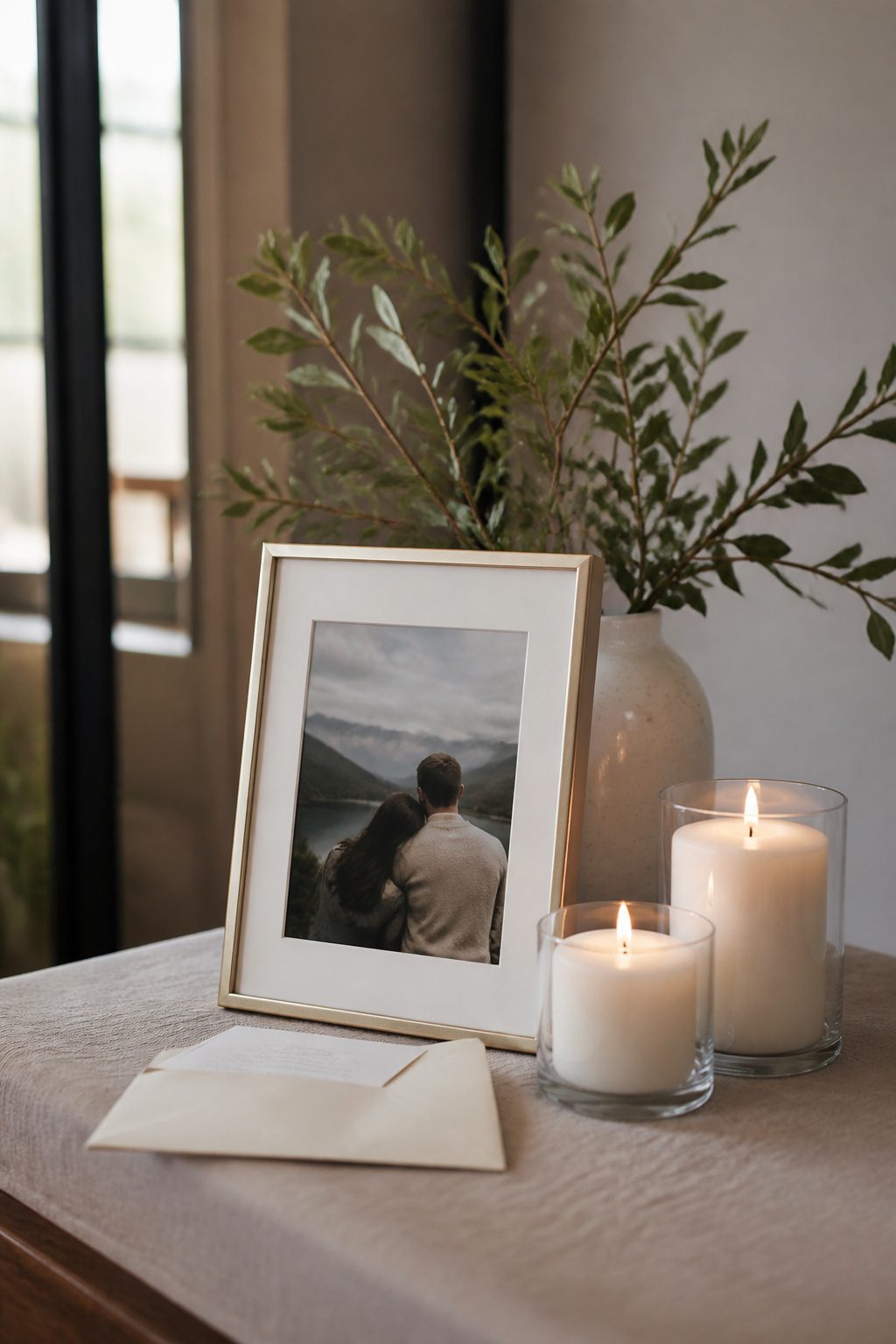 A welcome table featuring a photo and a note for guests.