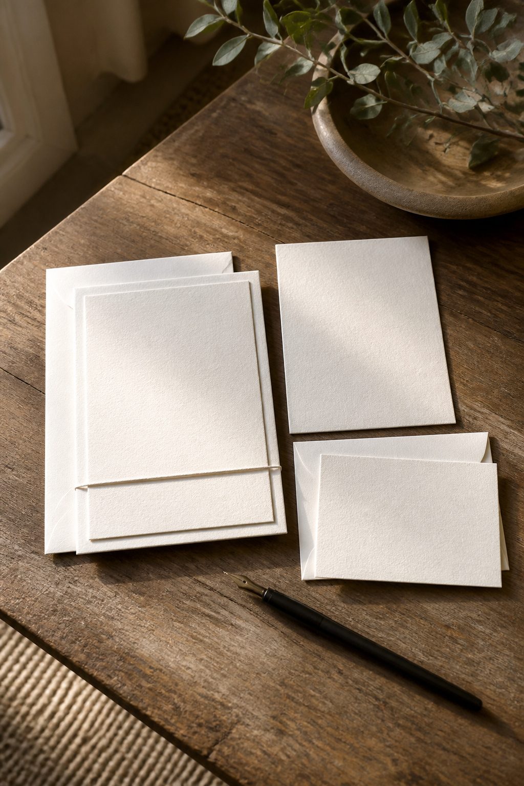 A display of minimalist wedding invitations on a rustic table.