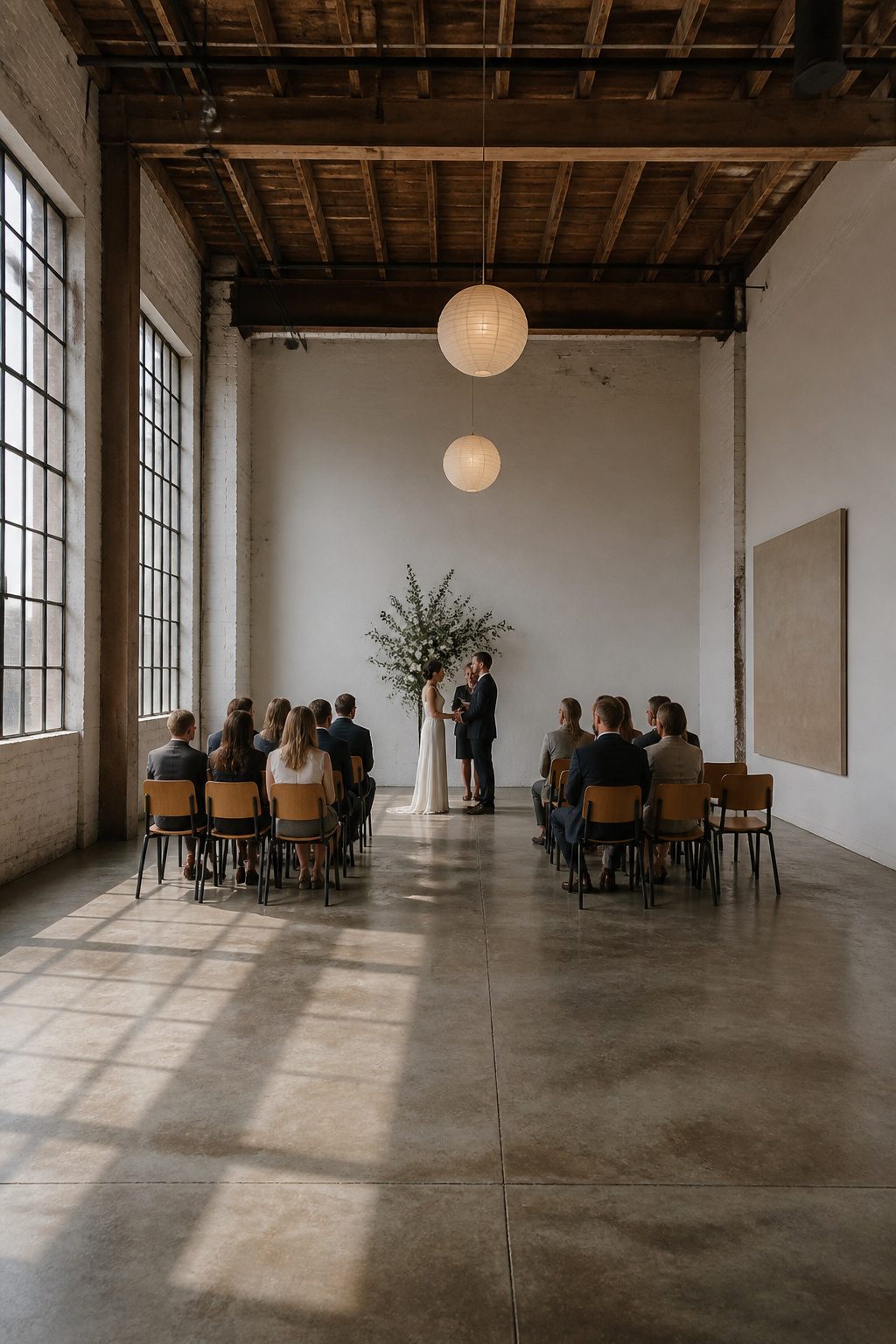 Interior of a gallery with minimal decor and polished concrete floors.