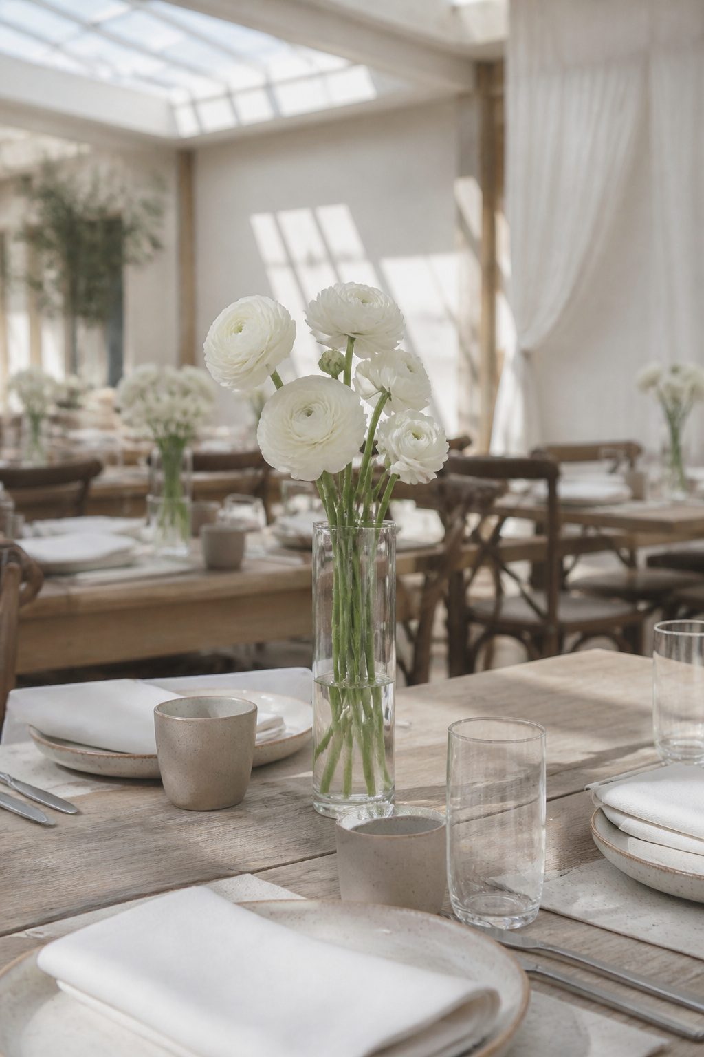 A glass vase with white ranunculus flowers on a rustic table.