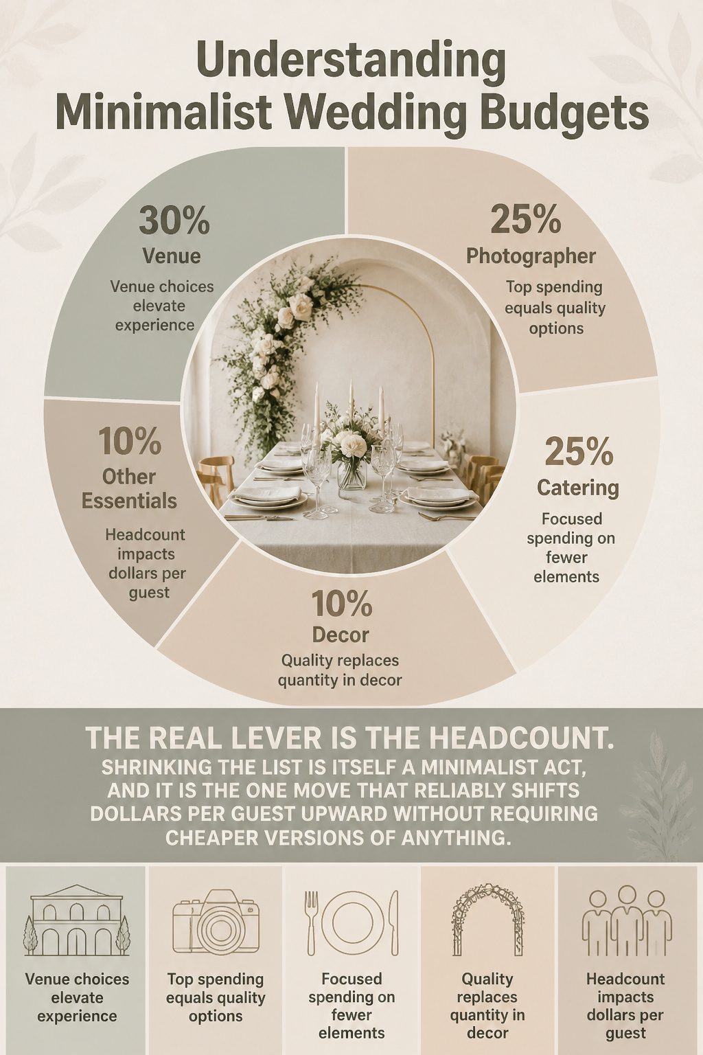 An infographic illustrating minimalist wedding budget breakdowns.