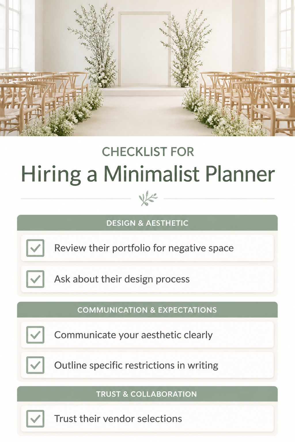 A checklist for hiring a minimalist wedding planner.