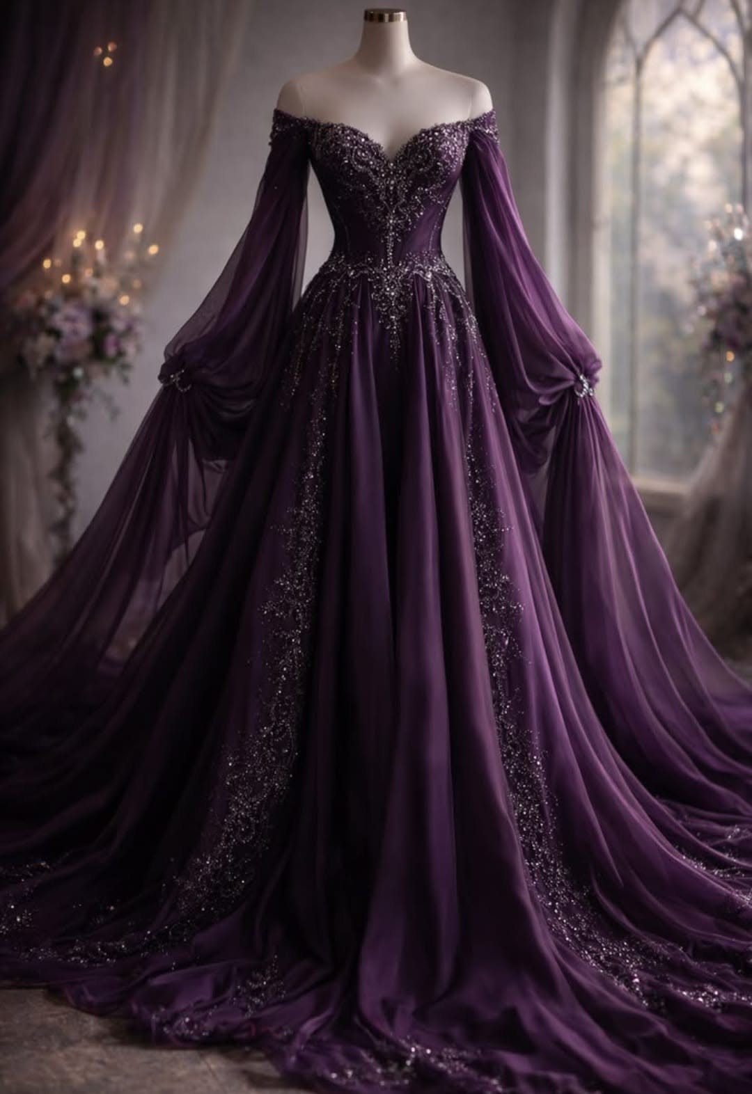 A dark purple off-the-shoulder ballgown with beaded details and voluminous sheer sleeves on a mannequin.