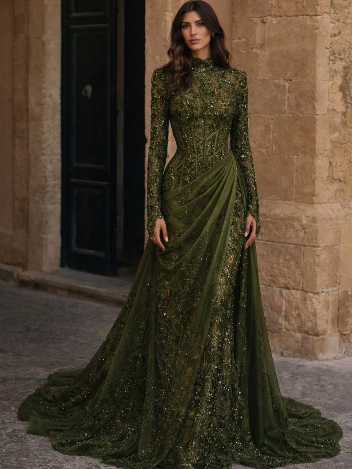 Woman in an embellished dark green floor-length gown standing against a stone building wall.