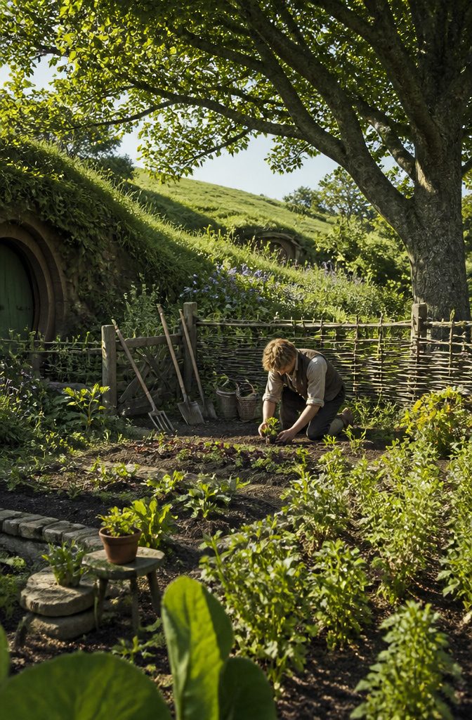 Samwise Gamgee stands in a lush garden near Bagshot Row.