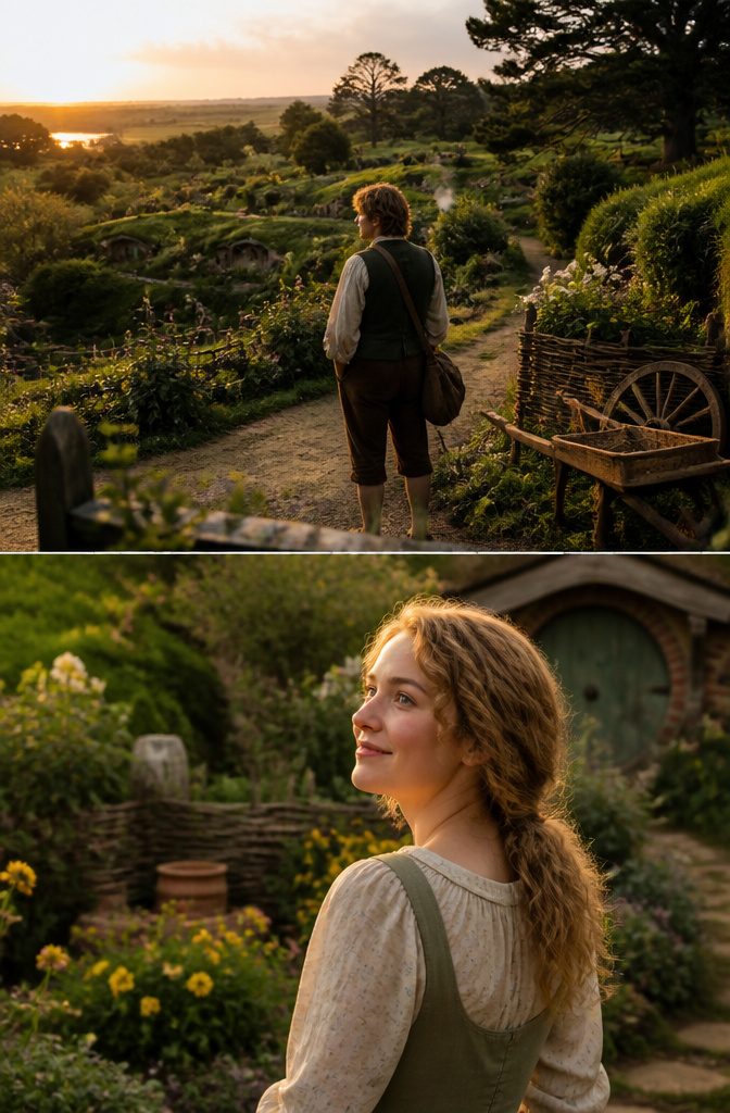 Samwise Gamgee stands with Rosie Cotton, both smiling at each other.