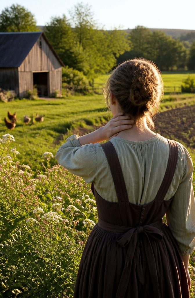 Rosie Cotton poses amid wildflowers with a barn in the background.