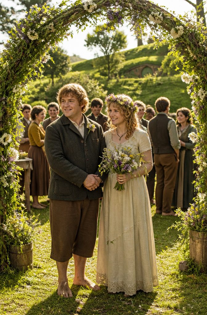 Samwise and Rosie stand together under a decorated archway.