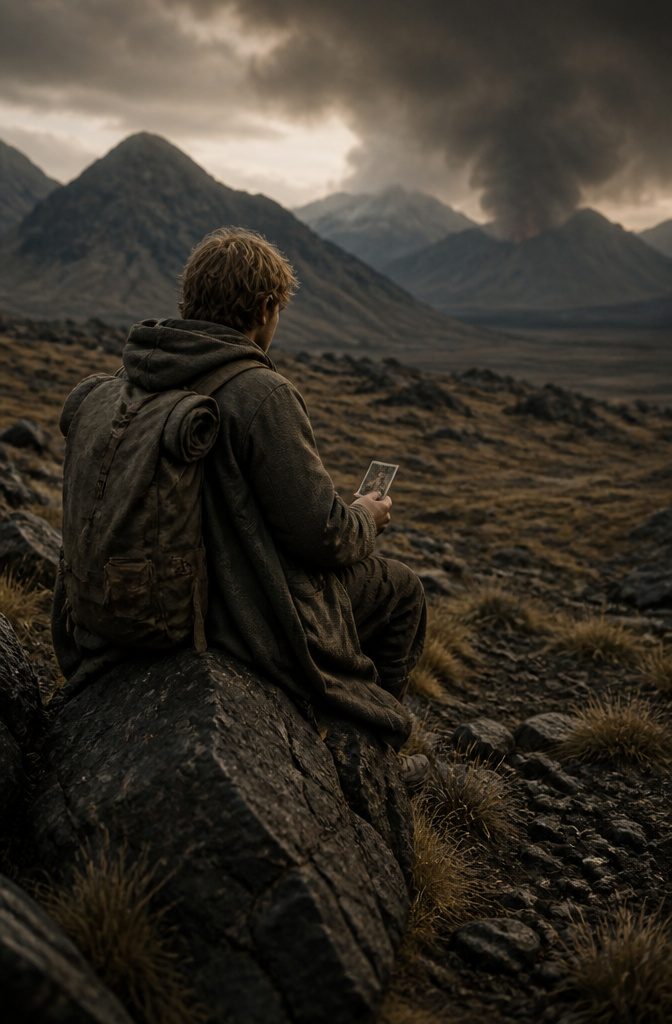 Samwise pauses on a rugged path, mountains looming behind him.