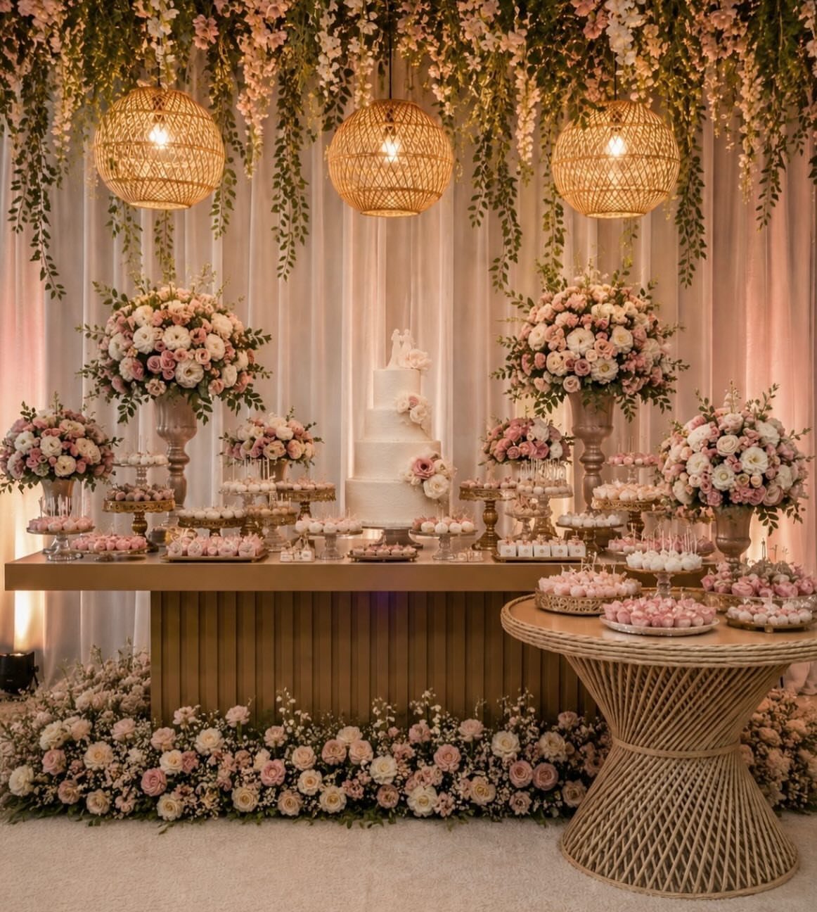 Shabby Chic Wedding: 10 Ideas for Timeworn Charm 8 A wedding dessert table with pink flowers, a white cake, and hanging wicker globe lights.