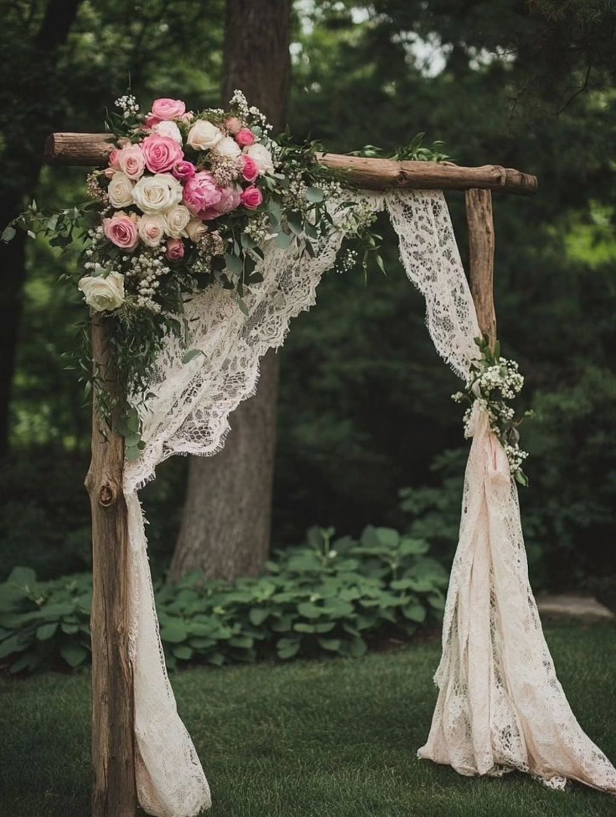 Shabby Chic Wedding: 10 Ideas for Timeworn Charm 7 A rustic wooden wedding arch adorned with pink roses and cream lace fabric outdoors.