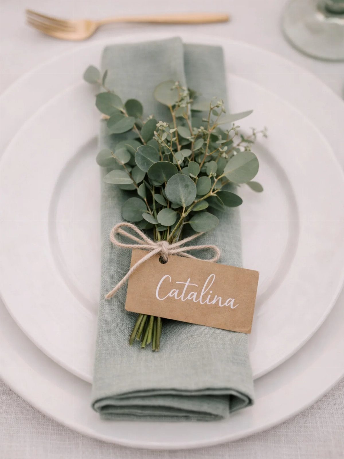 Shabby Chic Wedding: 10 Ideas for Timeworn Charm 10 Eucalyptus sprig and a brown kraft paper place card tied to a sage green napkin on a white plate.