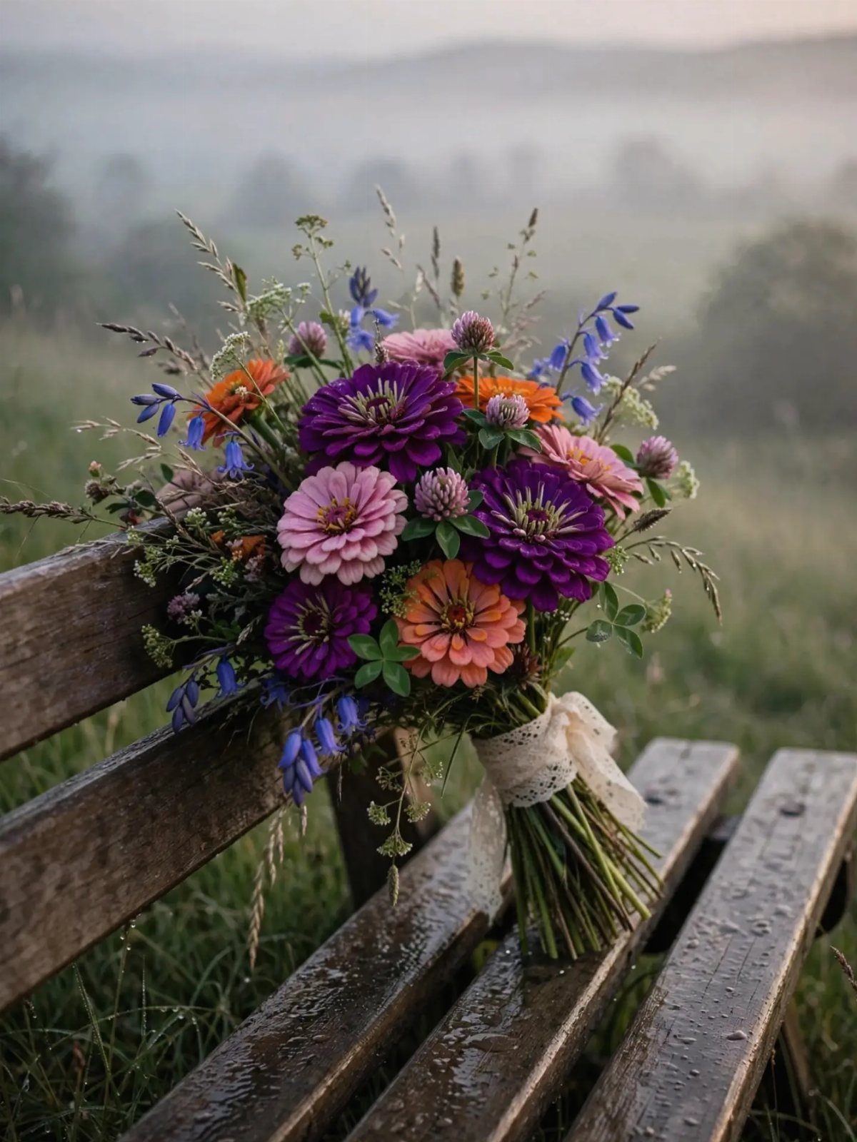 Shabby Chic Wedding: 10 Ideas for Timeworn Charm 9 A colorful bouquet of zinnias and blue wildflowers tied with lace on a wooden bench.