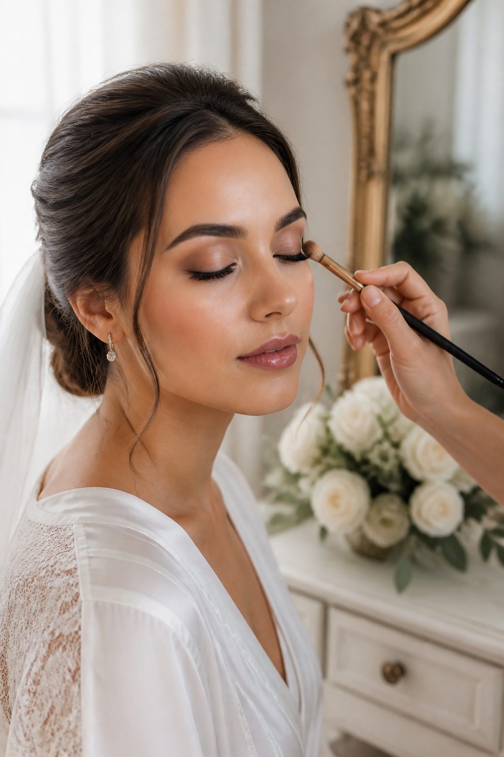 Bride with satin skin finish and soft brown eyeshadow.